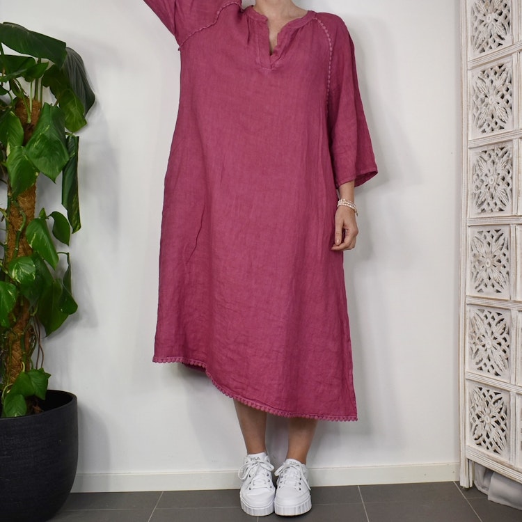 Linneklänning med spets FUSCHIA