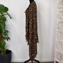 Sjal med Tofsar Leopard SVART/CAMEL