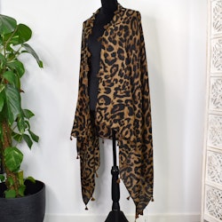 Sjal med Tofsar Leopard SVART/CAMEL