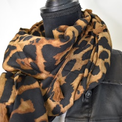 Sjal med Tofsar Leopard SVART/CAMEL