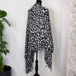 Sjal med Tofsar Leopard GRÅ
