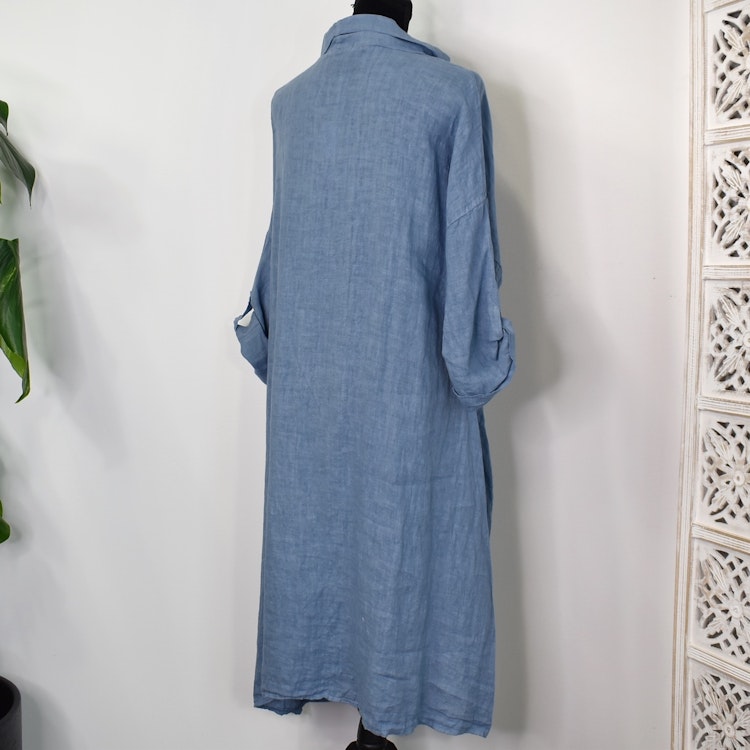 Linneklänning med fickor JEANSBLÅ