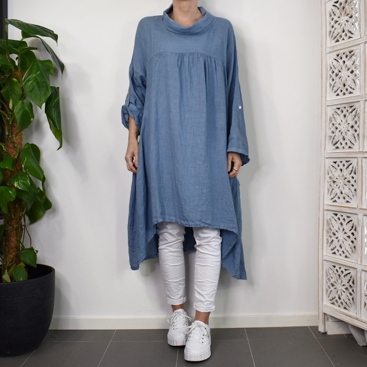 Linneklänning med fickor JEANSBLÅ