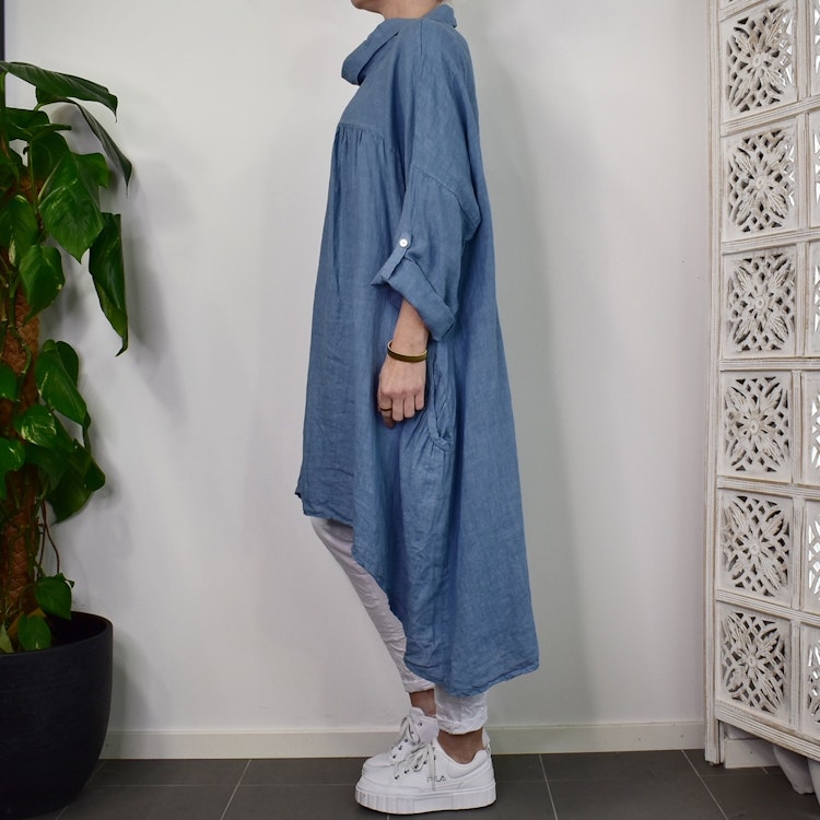Linneklänning med fickor JEANSBLÅ