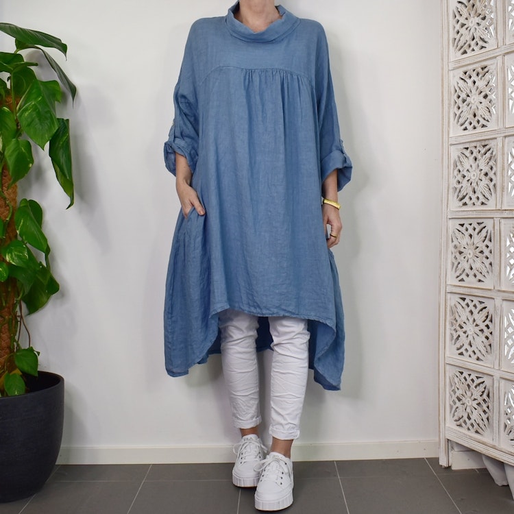 Linneklänning med fickor JEANSBLÅ