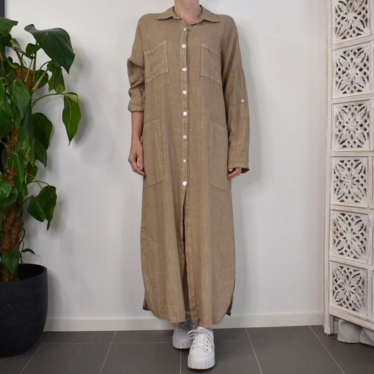 Lång skjortklänning med fickor TAUPE