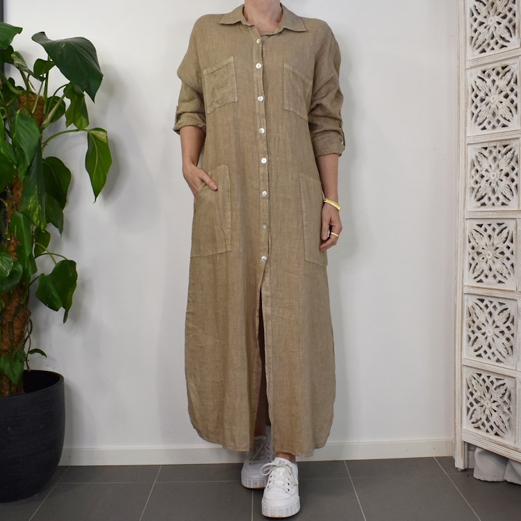Lång skjortklänning med fickor TAUPE