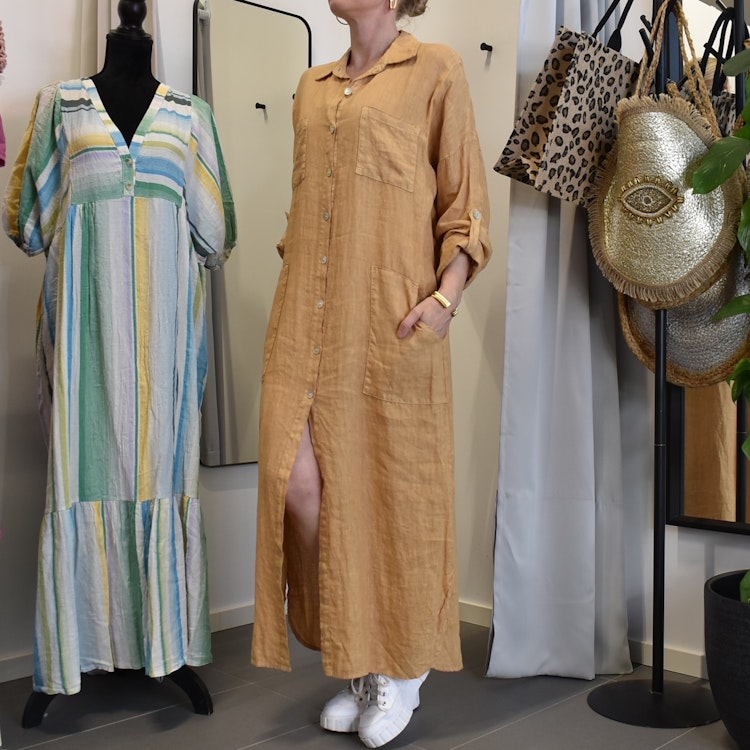 Lång skjortklänning med fickor LJUS CAMEL