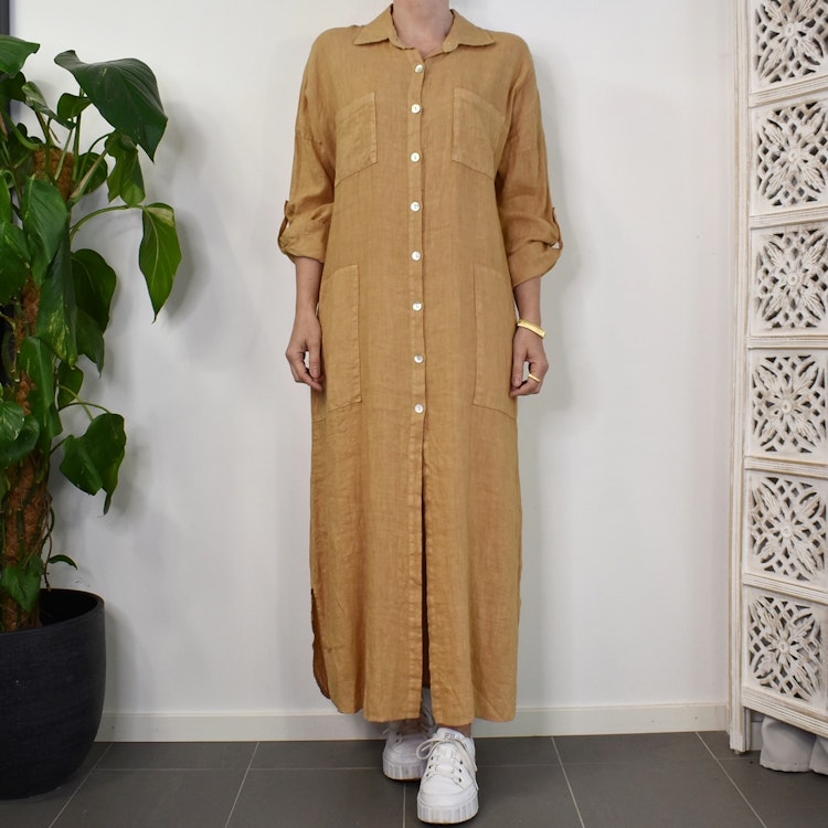 Lång skjortklänning med fickor LJUS CAMEL