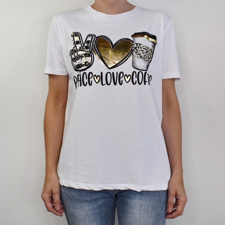 T-shirt Peace, Love & Coffee VIT/GULD