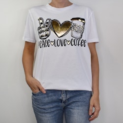 T-shirt Peace, Love & Coffee VIT/GULD