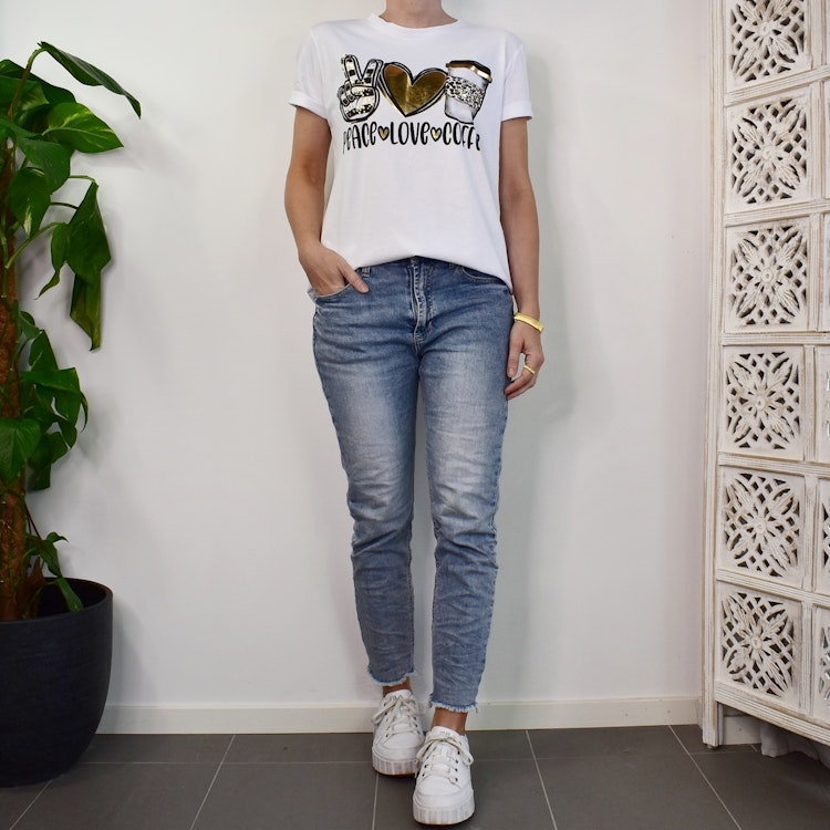 T-shirt Peace, Love & Coffee VIT/GULD