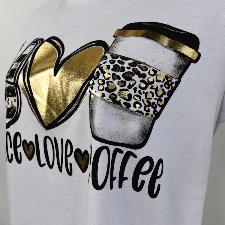 T-shirt Peace, Love & Coffee VIT/GULD