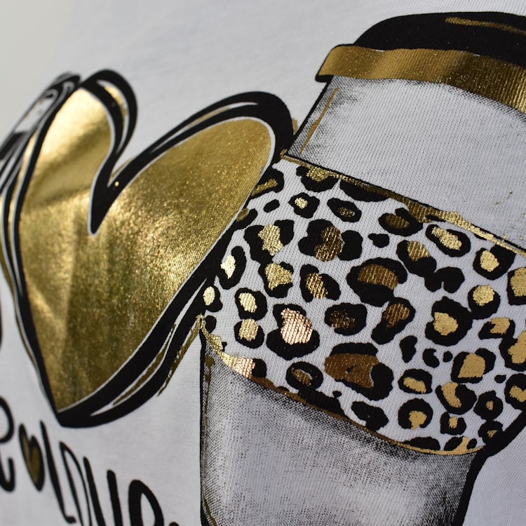 T-shirt Peace, Love & Coffee VIT/GULD