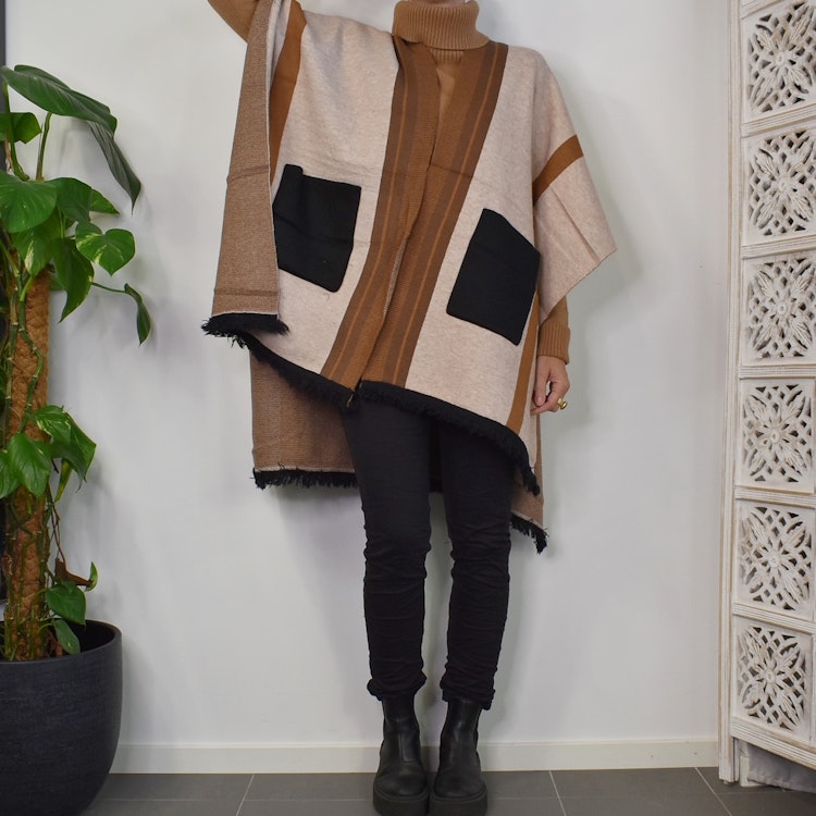 Poncho-sjal med fickor BEIGE