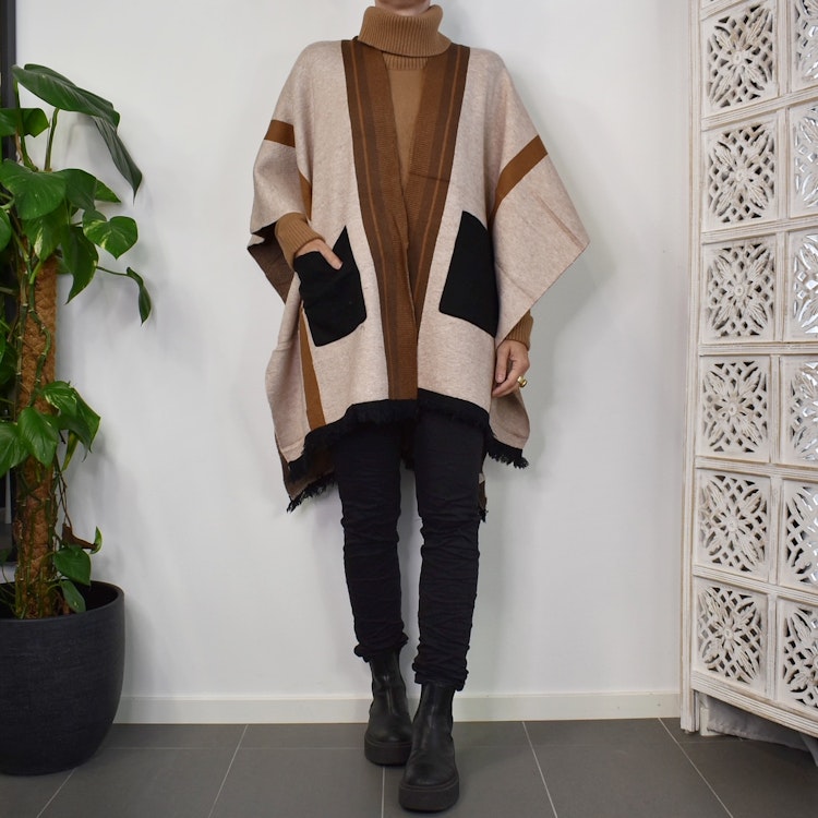 Poncho-sjal med fickor BEIGE