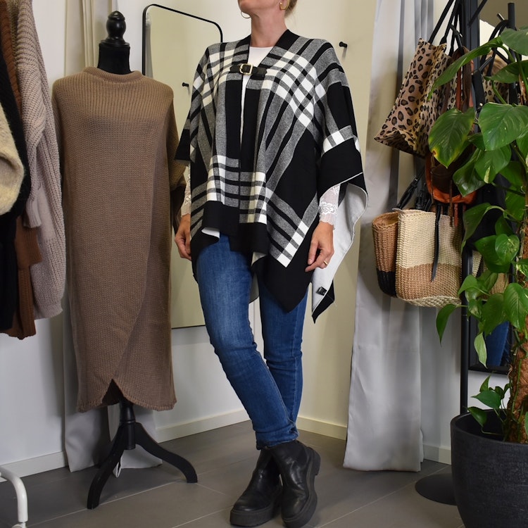 Poncho-sjal Rutig SVART/VIT
