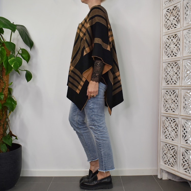 Poncho-sjal Rutig SVART/CAMEL