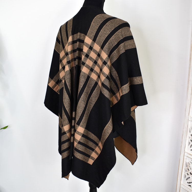Poncho-sjal Rutig SVART/CAMEL