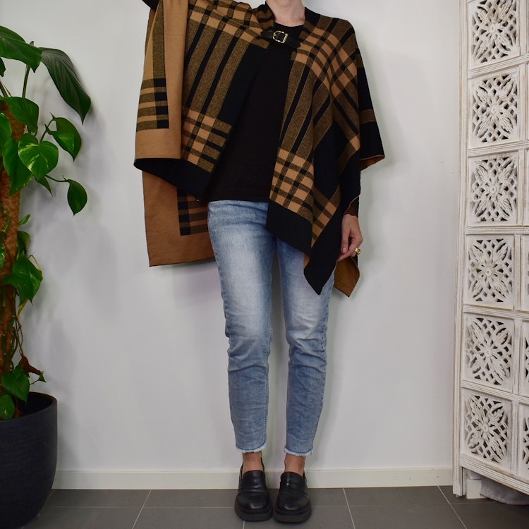 Poncho-sjal Rutig SVART/CAMEL
