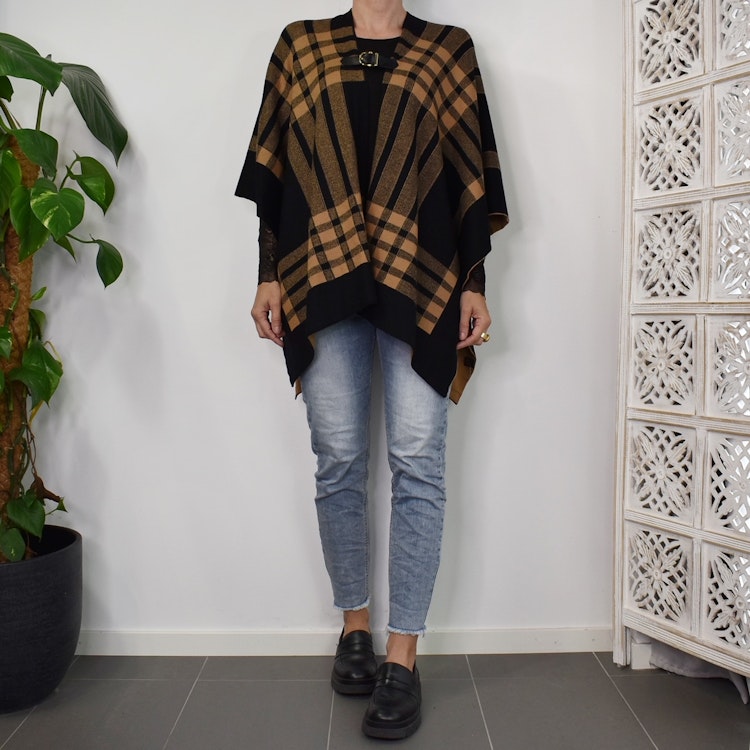 Poncho-sjal Rutig SVART/CAMEL