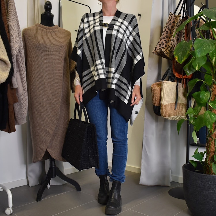 Poncho-sjal Rutig SVART/VIT