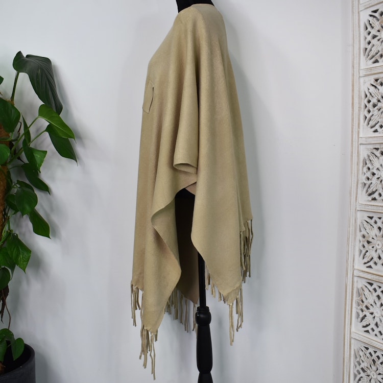 Poncho-sjal med Fransar BEIGE