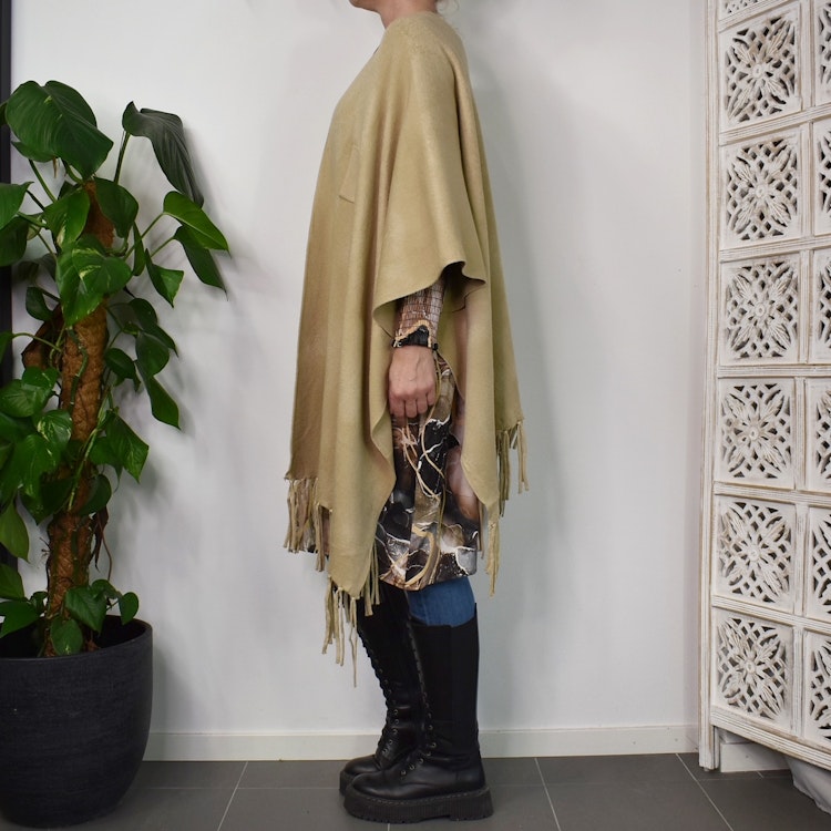 Poncho-sjal med Fransar BEIGE