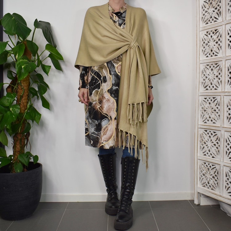 Poncho-sjal med Fransar BEIGE