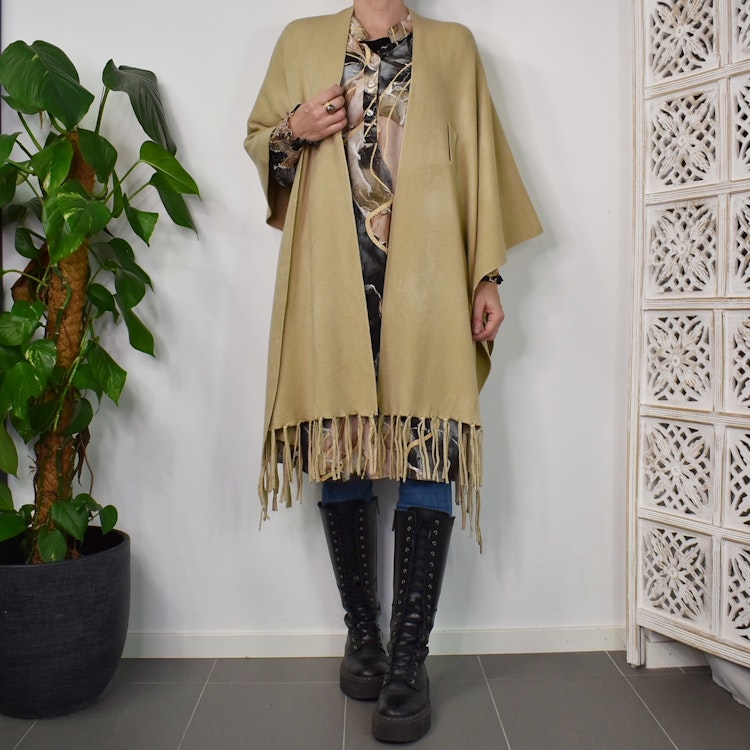 Poncho-sjal med Fransar BEIGE