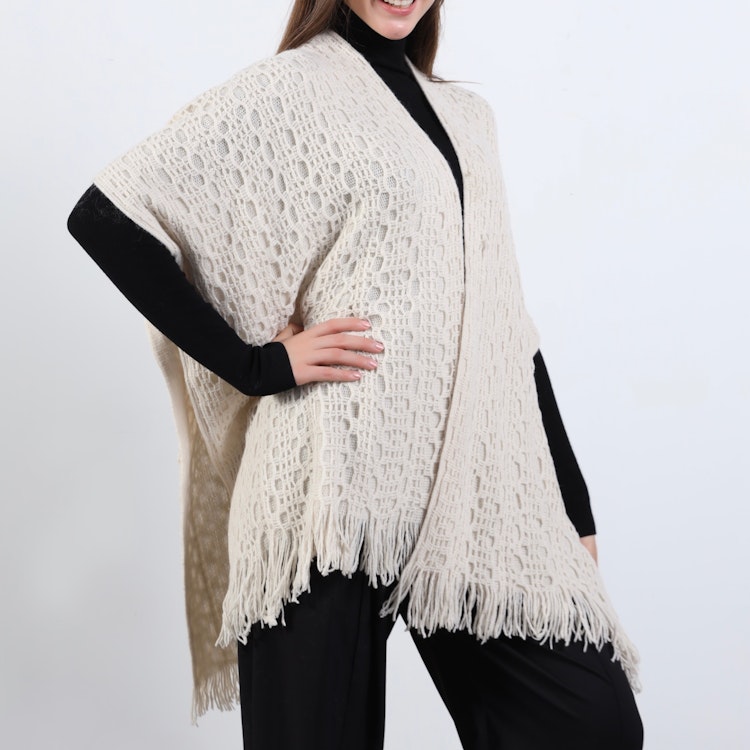 Poncho-sjal Mönsterstickad BEIGE
