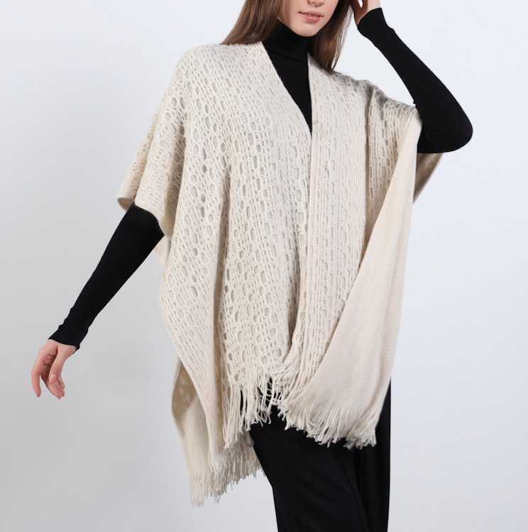 Poncho-sjal Mönsterstickad BEIGE