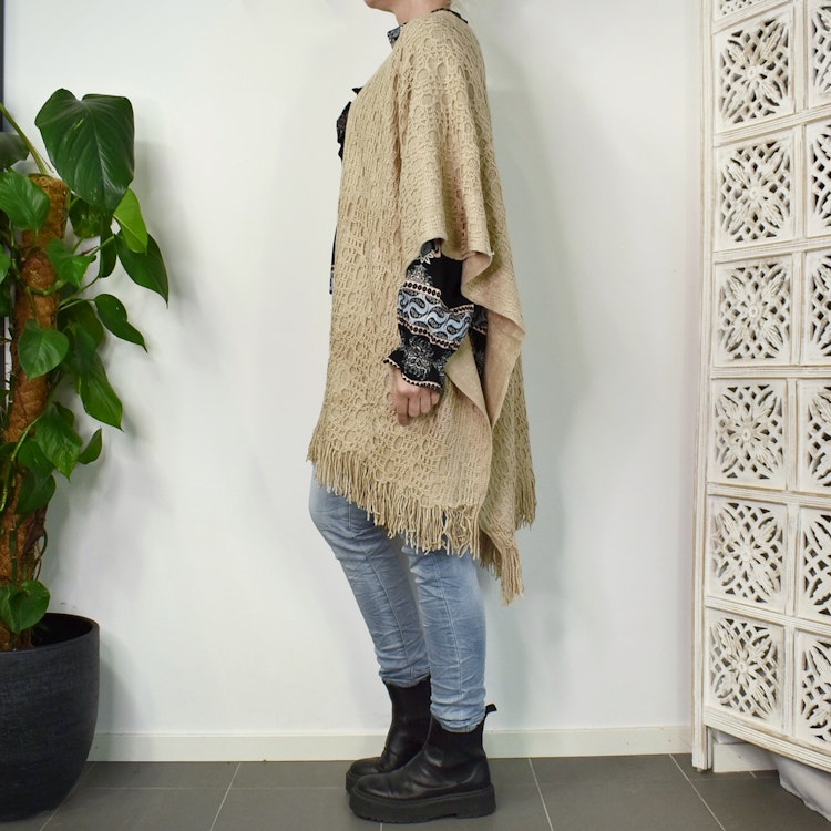 Poncho-sjal Mönsterstickad TAUPE