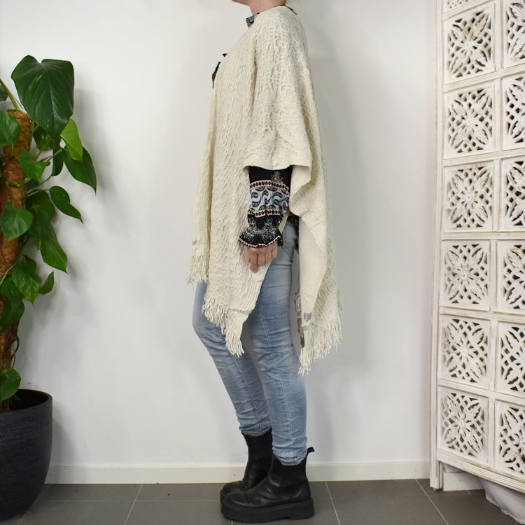 Poncho-sjal Mönsterstickad BEIGE