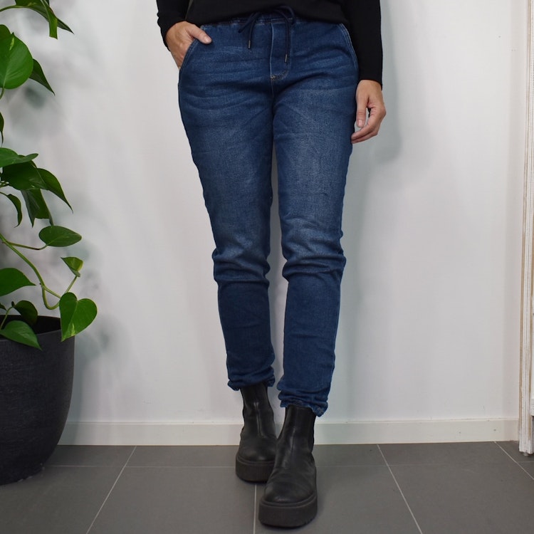 Jeans Resårmidja och Knytband MÖRK BLÅ - 3D Denim