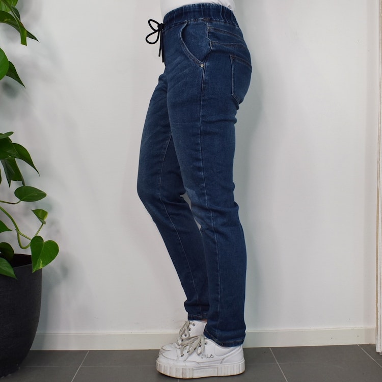 Jeans Resårmidja och Knytband MÖRK BLÅ - 3D Denim