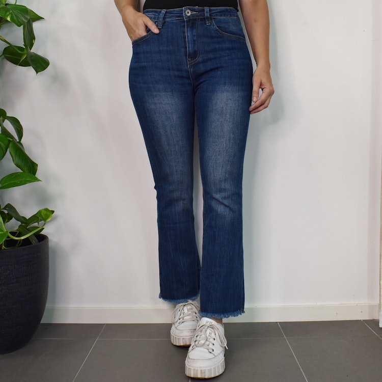Jeans Flare med Fransar MÖRK BLÅ - 3D Denim