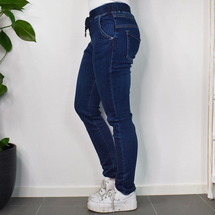 Jeans Resårmidja och Knappar MÖRK BLÅ - 3D Denim