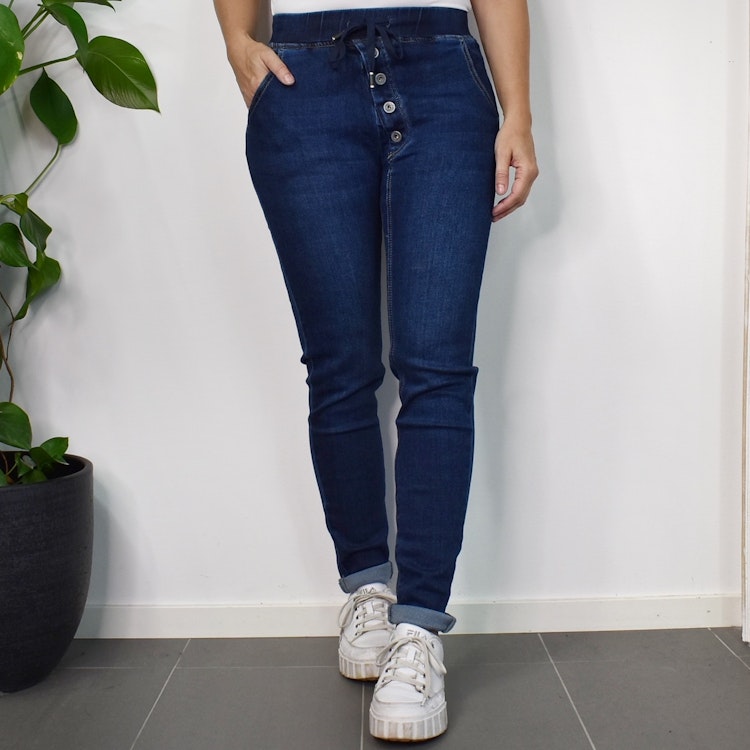 Jeans Resårmidja och Knappar MÖRK BLÅ - 3D Denim