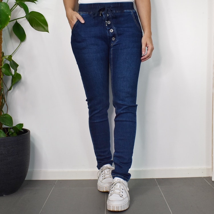 Jeans Resårmidja och Knappar MÖRK BLÅ - 3D Denim