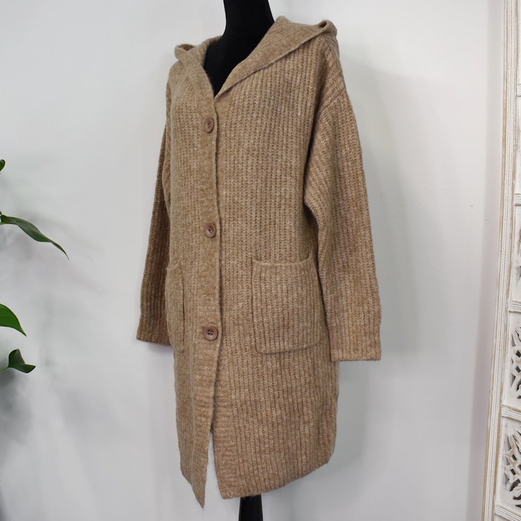 Stickad Kofta med Huva Recycled BEIGE