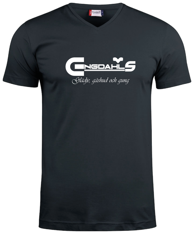 Svart V-hals T-shirt "Glädje, gåshud och gung"