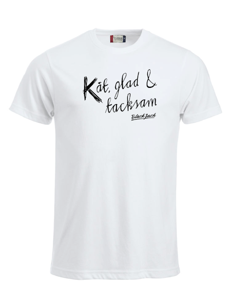 Vit T-shirt "Black Jack Kåt, glad & tacksam"
