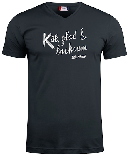Svart V-hals T-shirt "Black Jack Kåt, glad & tacksam"