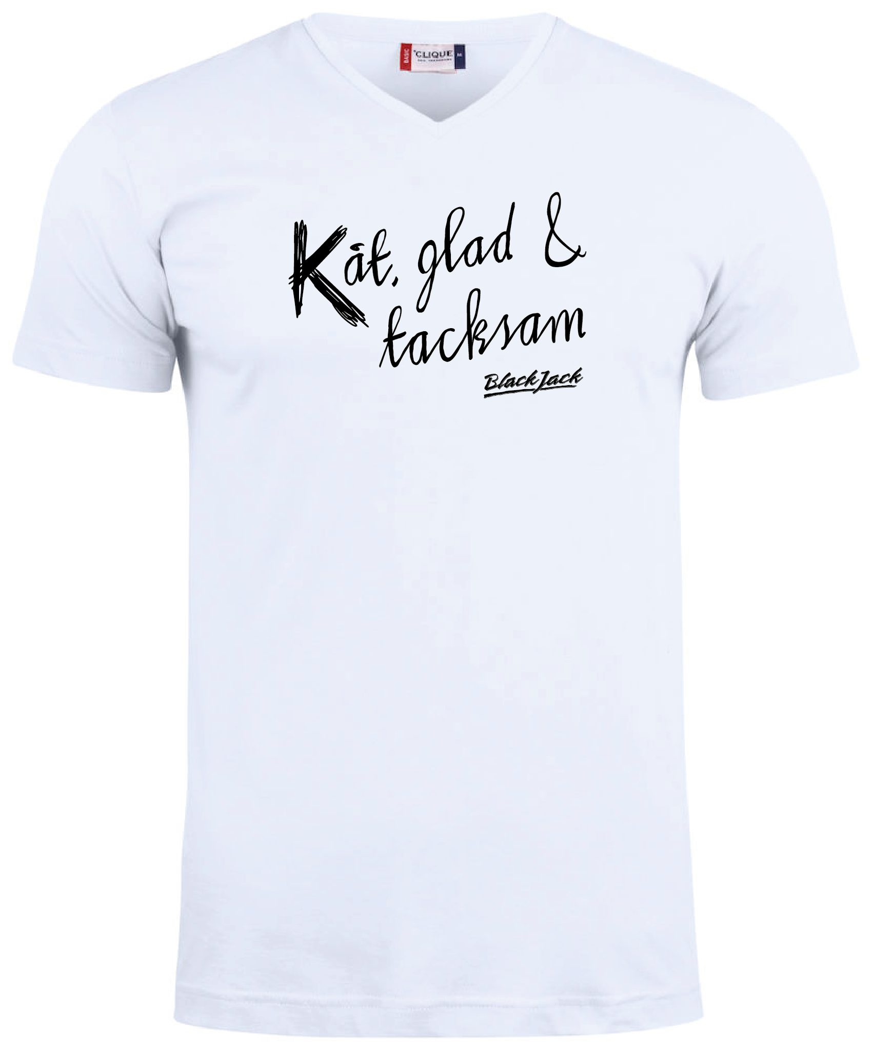 Vit V-hals T-shirt "Black Jack Kåt, glad & tacksam"