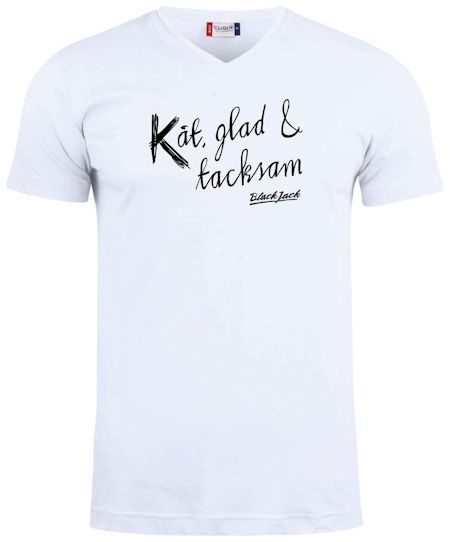 Vit V-hals T-shirt "Black Jack Kåt, glad & tacksam"