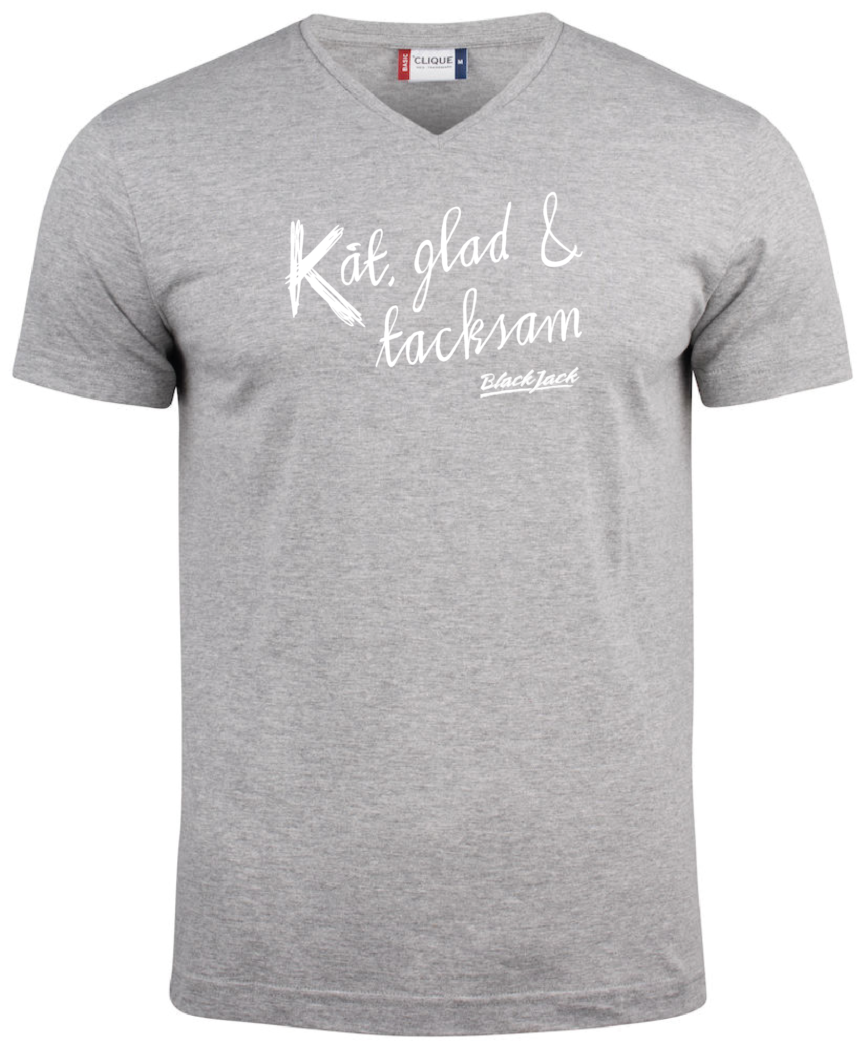 Grå V-hals T-shirt "Black Jack Kåt, glad & tacksam"