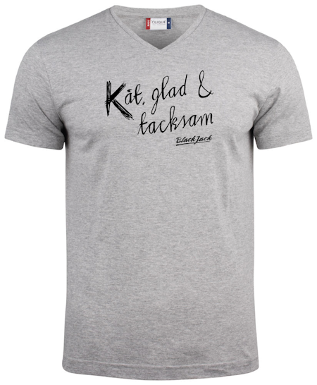 Grå V-hals T-shirt "Black Jack Kåt, glad & tacksam"