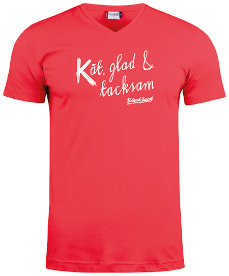 Röd V-hals T-shirt "Black Jack Kåt, glad & tacksam "