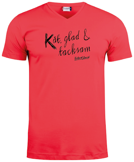 Röd V-hals T-shirt "Black Jack Kåt, glad & tacksam "